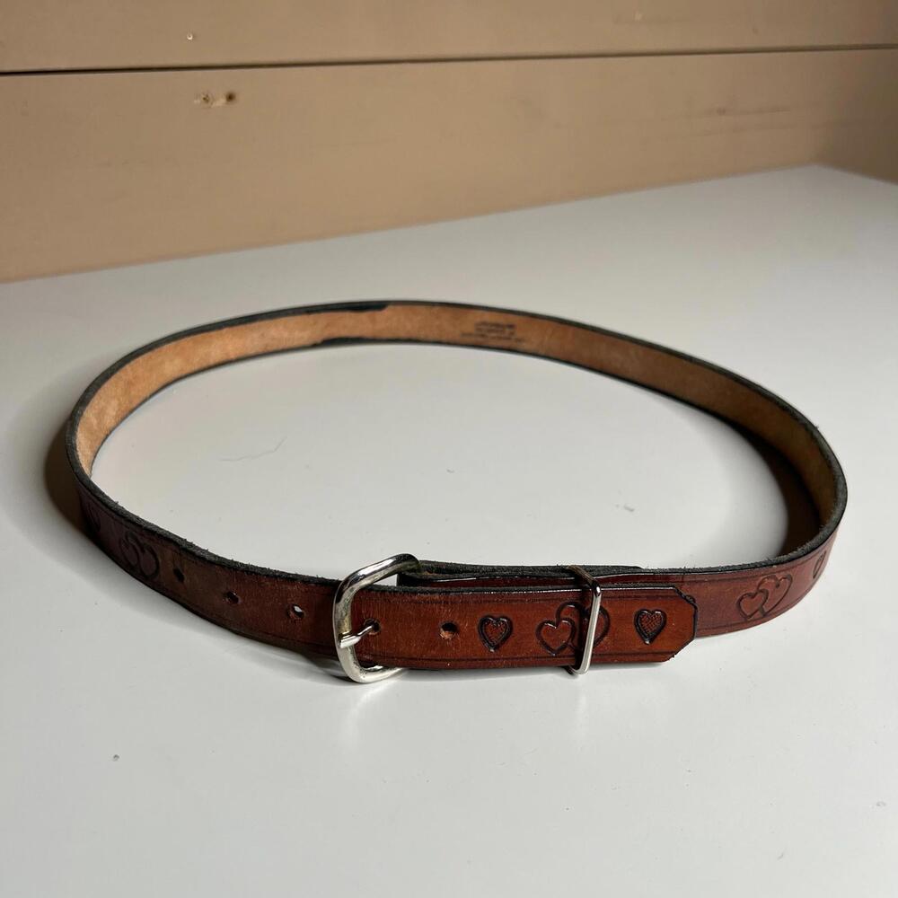 Vintage hand made Leather Belt Hearts Design Brown Hand Tooled Western Boho